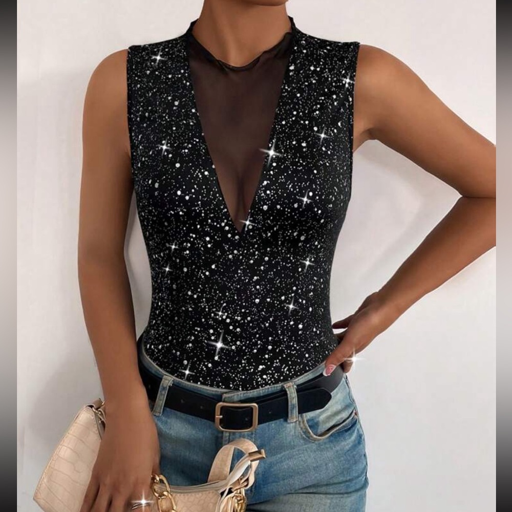 Luxe Black Sheer Mesh Lace Galaxy Print Sleeveless Top Blouse Shirt